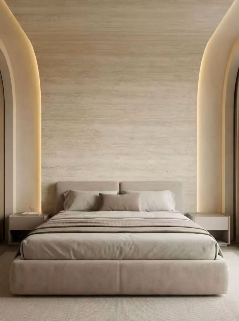 Đá dẻo travertine ốp tường đầu giường phòng ngủ hiện đại