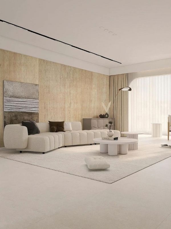 ốp đá dẻo travertine màu vàng cho tường phòng khách